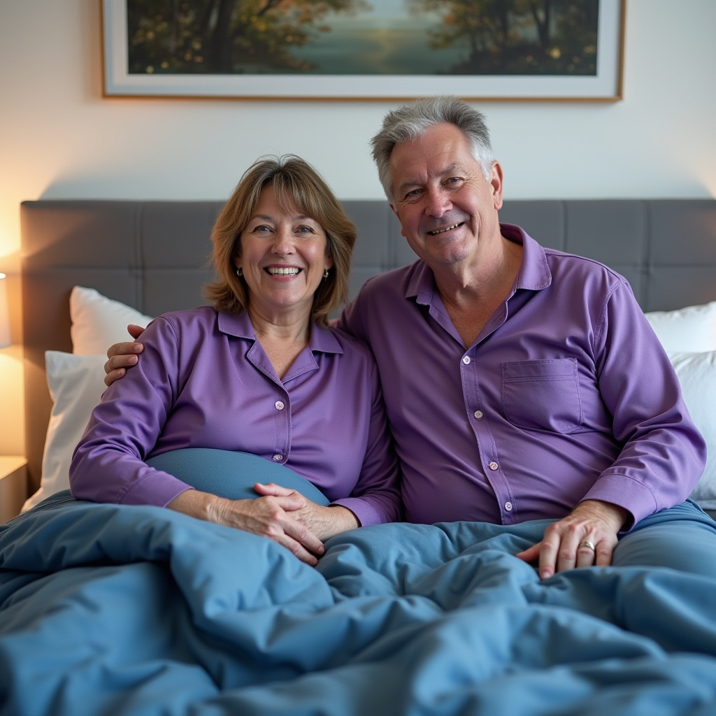A 55 year old plus sized Aussie couple is sitting on a Bedzy bed. They are wearing purple pyjamas.