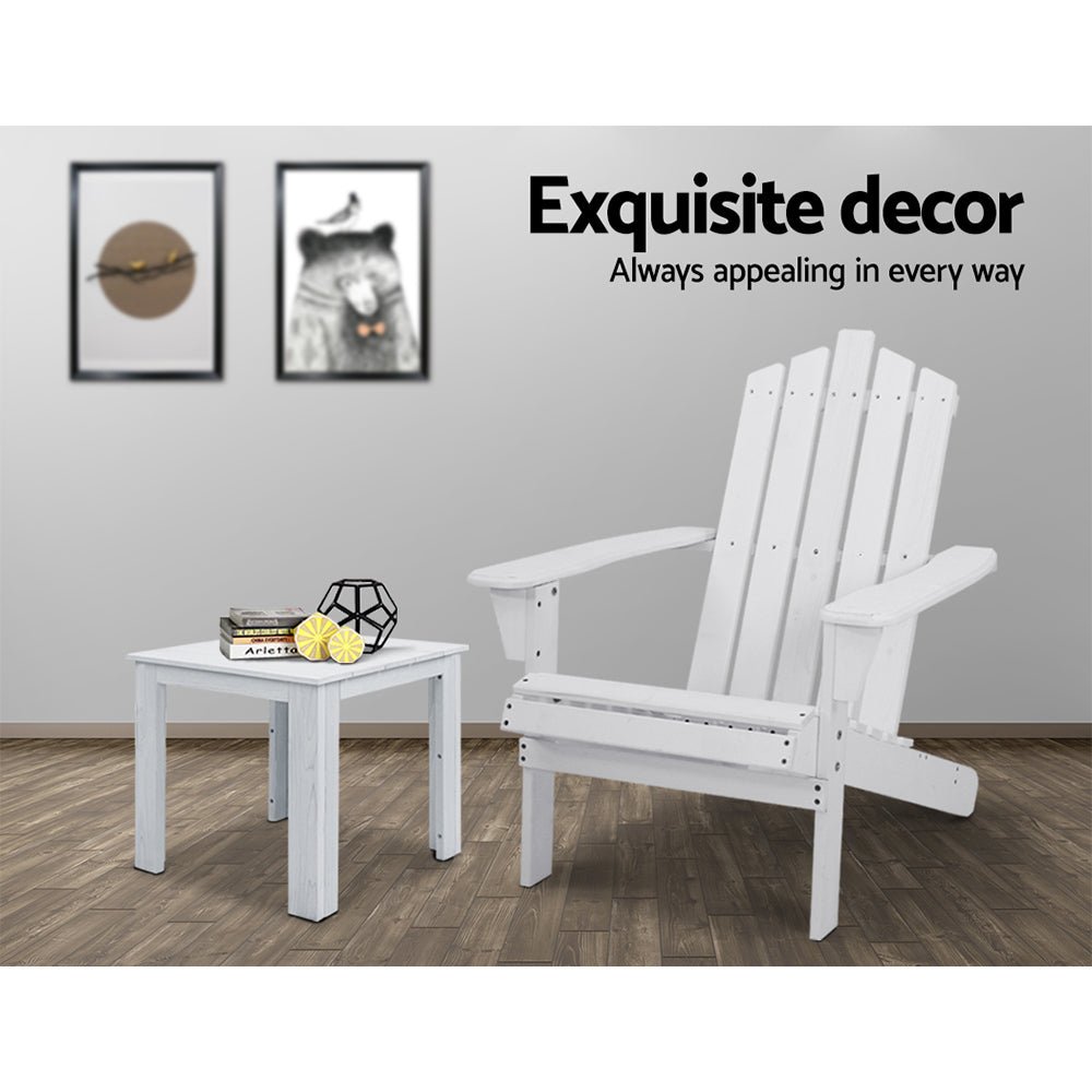 2PC Adirondack Outdoor Table and Chair Wooden Beach Chair Patio Furniture White - Furniture > Outdoor - Bedzy Australia