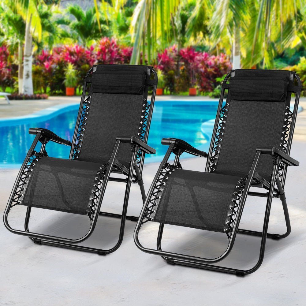 2PC Zero Gravity Chair Folding Outdoor Recliner Adjustable Sun Lounge Camping Black - Furniture > Outdoor - Bedzy Australia