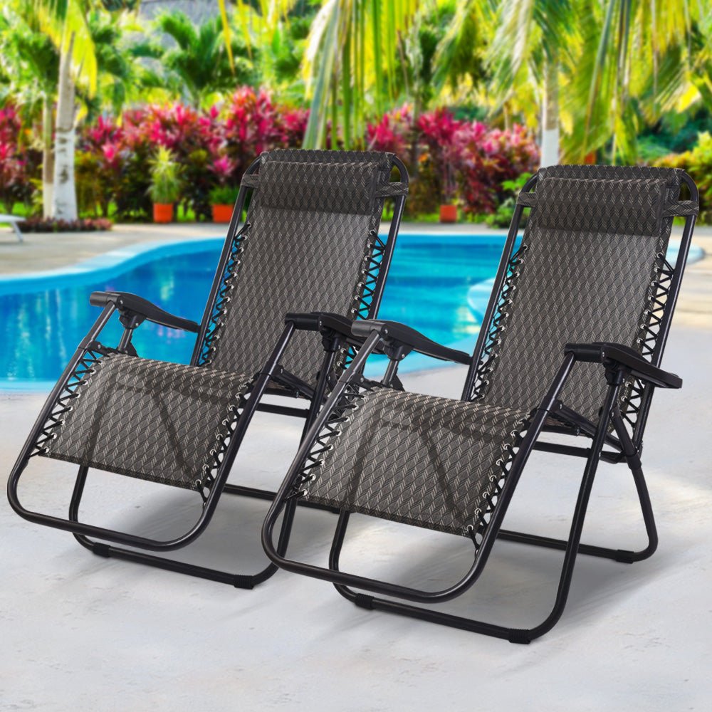 2PC Zero Gravity Chair Folding Outdoor Recliner Adjustable Sun Lounge Camping Grey - Furniture > Outdoor - Bedzy Australia