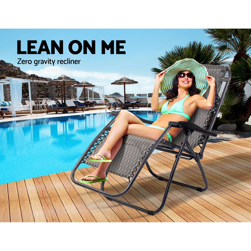 2PC Zero Gravity Chair Folding Outdoor Recliner Adjustable Sun Lounge Camping Grey - Furniture > Outdoor - Bedzy Australia