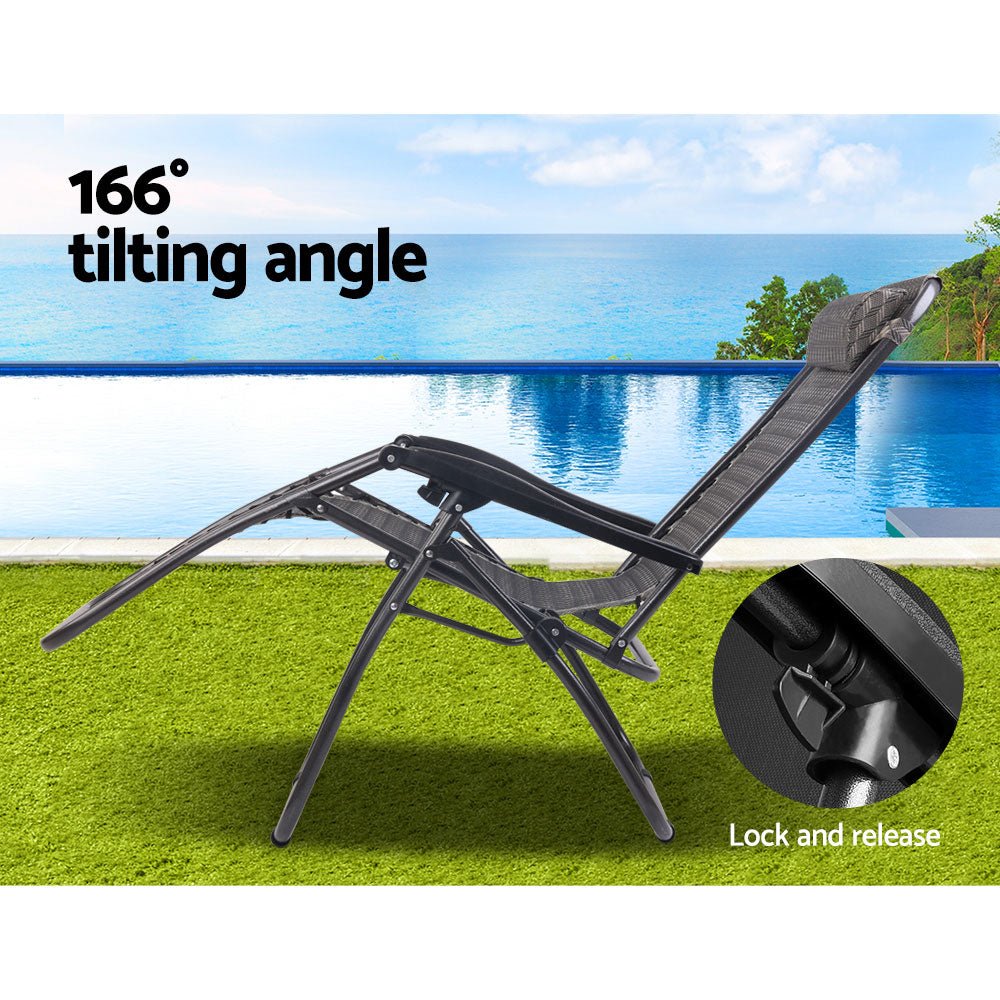 2PC Zero Gravity Chair Folding Outdoor Recliner Adjustable Sun Lounge Camping Grey - Furniture > Outdoor - Bedzy Australia