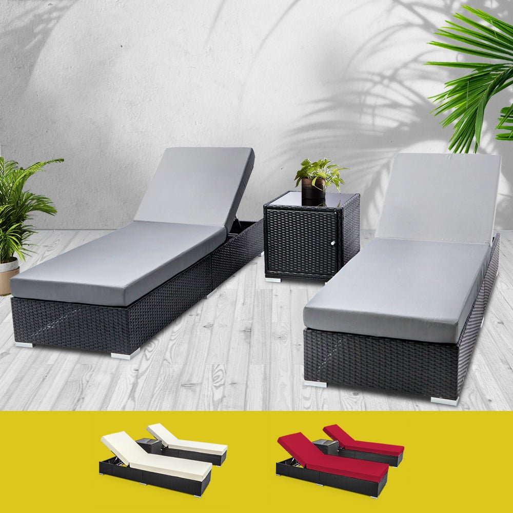 3 Piece Finnley Outdoor Sun Lounge Set - Interchangeable colours: Beige, Grey, Red - Bedzy Australia