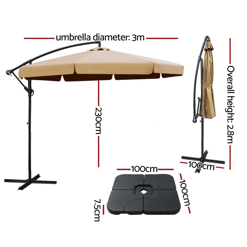 3m Outdoor Umbrella w/Base Cantilever Garden Beach Patio Beige - Home & Garden > Shading - Bedzy Australia