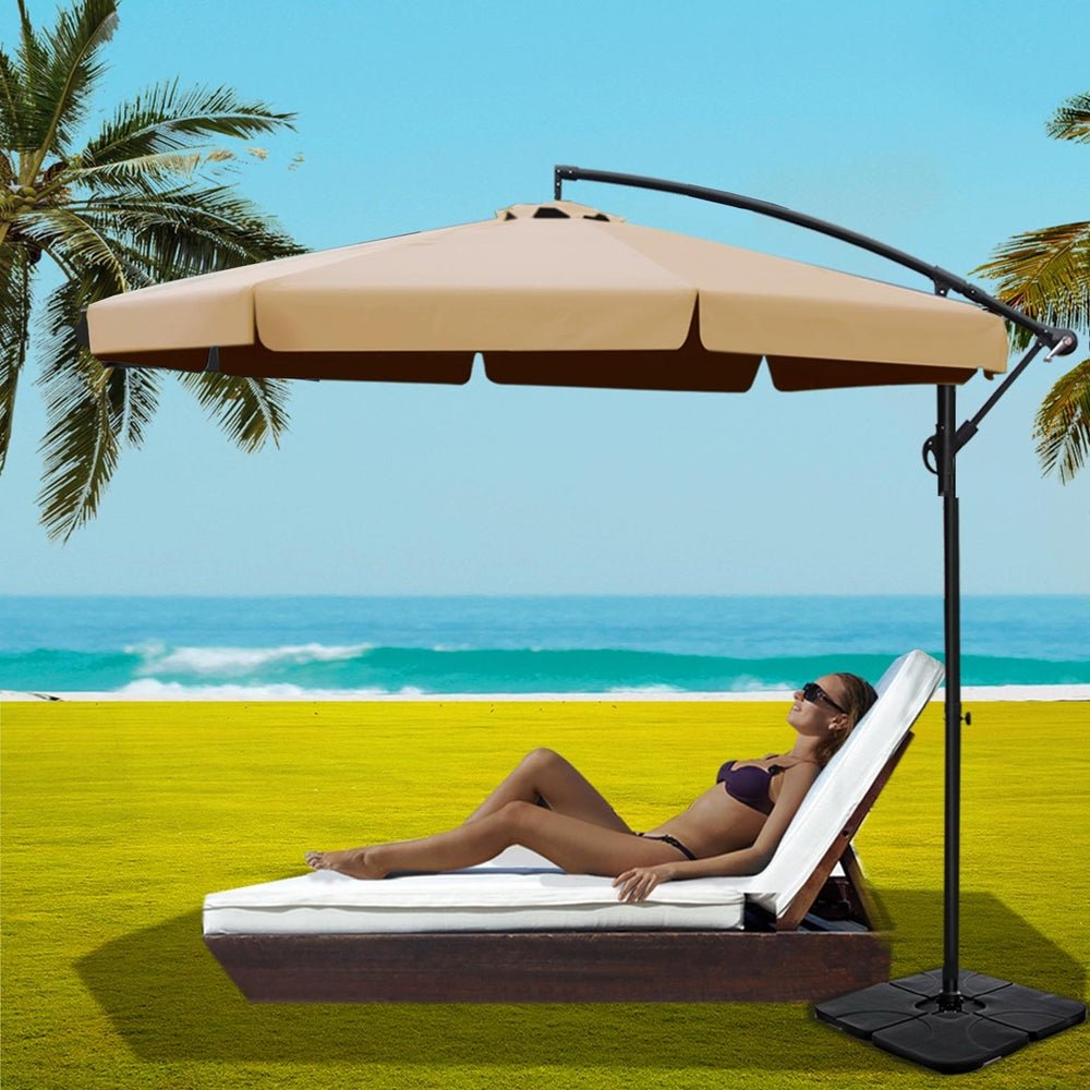 3m Outdoor Umbrella w/Base Cantilever Garden Beach Patio Beige - Home & Garden > Shading - Bedzy Australia