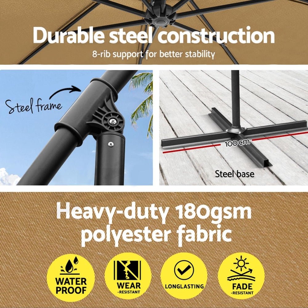 3m Outdoor Umbrella w/Base Cantilever Garden Beach Patio Beige - Home & Garden > Shading - Bedzy Australia