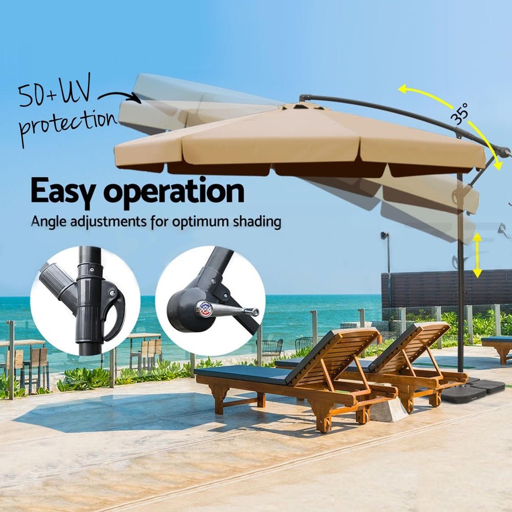 3m Outdoor Umbrella w/Base Cantilever Garden Beach Patio Beige - Home & Garden > Shading - Bedzy Australia