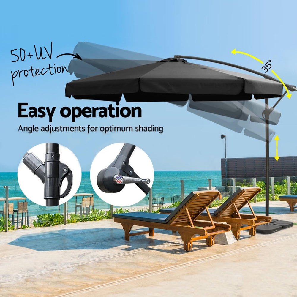 3m Outdoor Umbrella w/Base Cantilever Garden Beach Patio Black - Home & Garden > Shading - Bedzy Australia