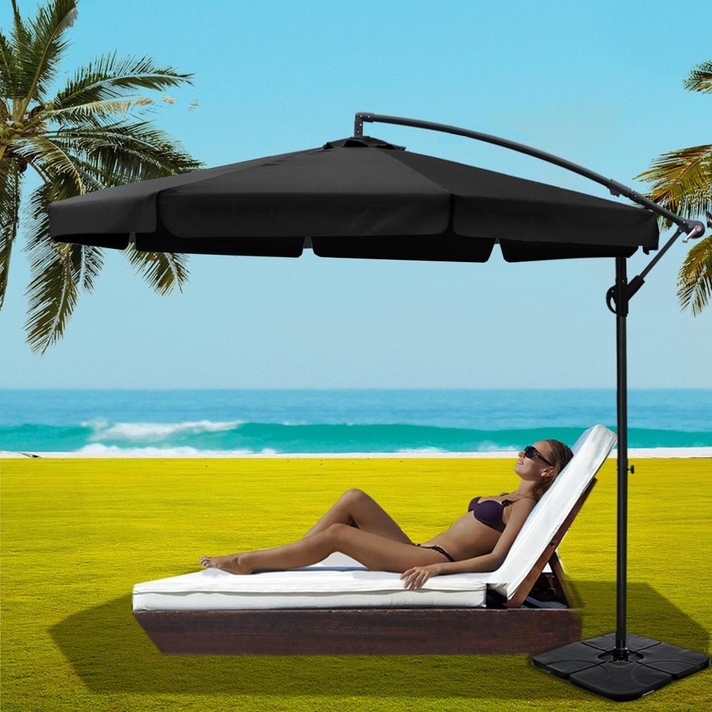 3m Outdoor Umbrella w/Base Cantilever Garden Beach Patio Black - Home & Garden > Shading - Bedzy Australia