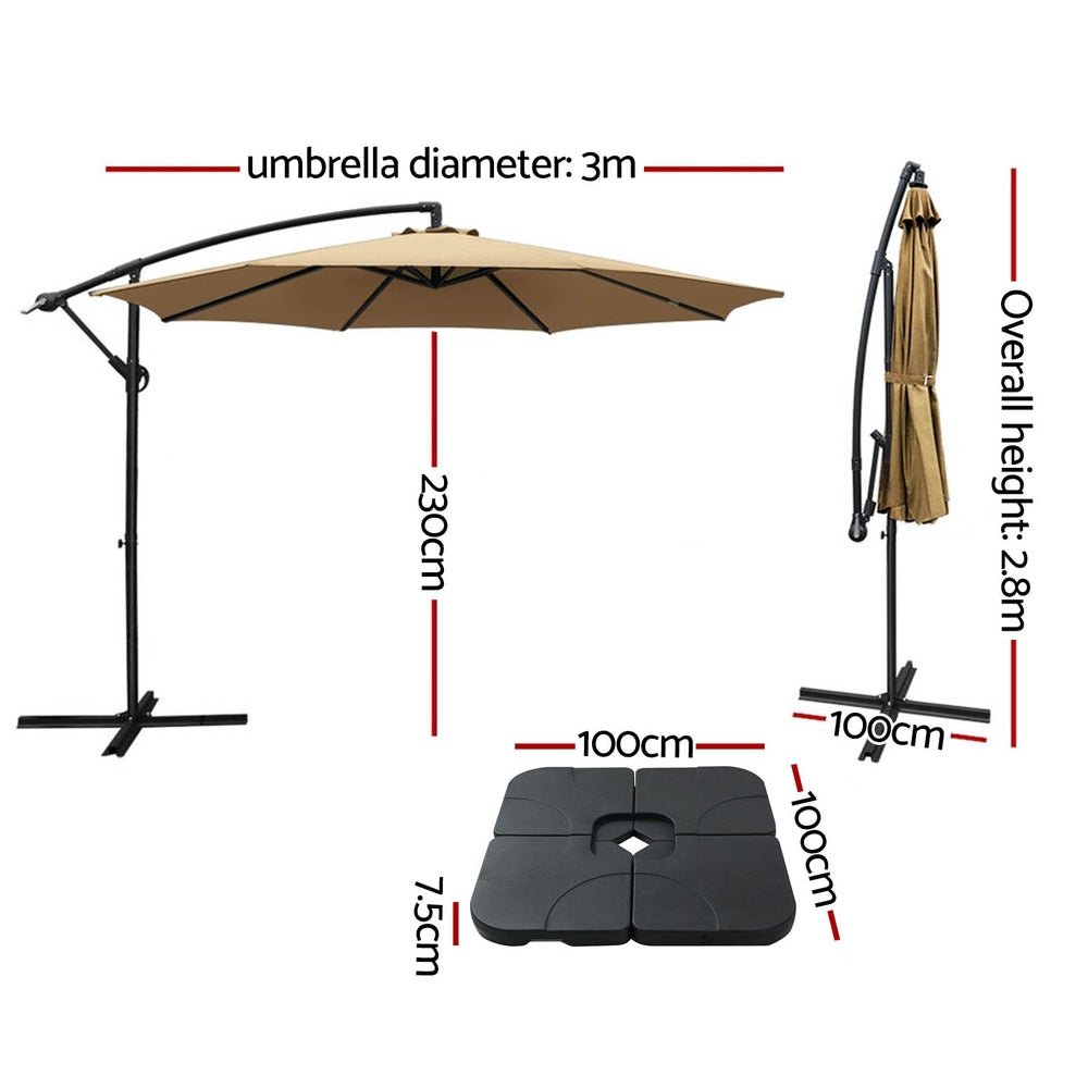 3m Umbrella w/Base Outdoor Cantilever Beach Garden Patio Parasol Beige - Home & Garden > Shading - Bedzy Australia