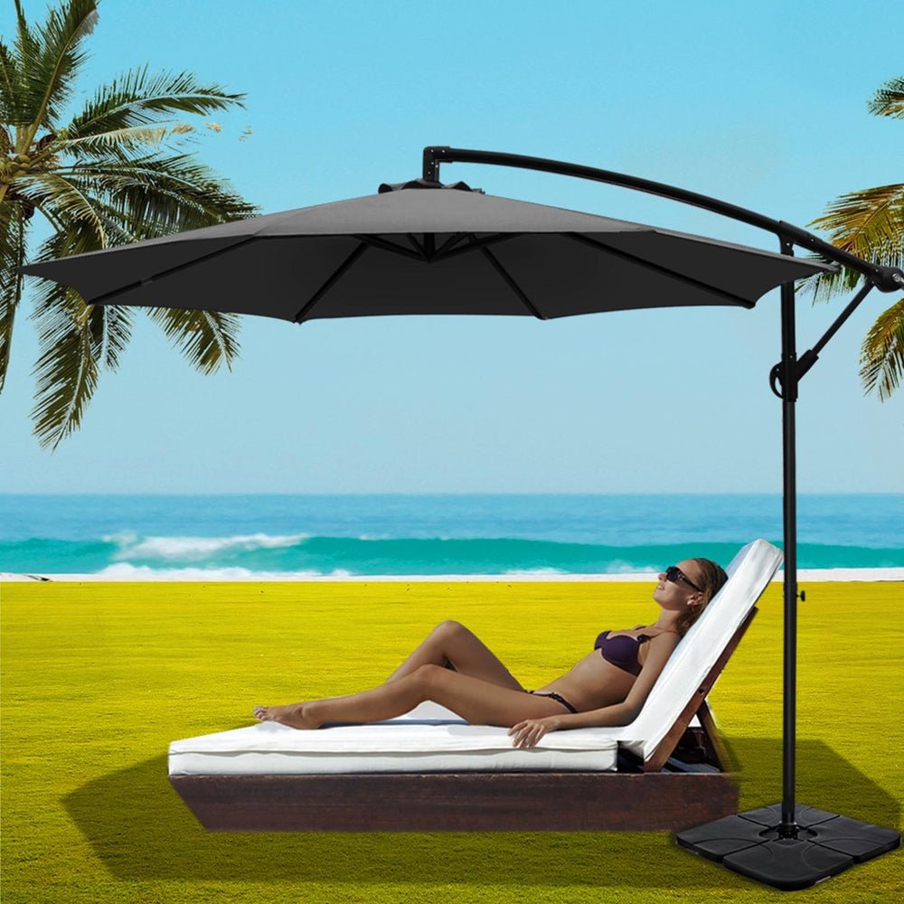 3m Umbrella w/Base Outdoor Cantilever Beach Garden Patio Parasol Charcoal - Home & Garden > Shading - Bedzy Australia