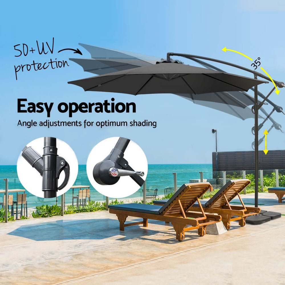 3m Umbrella w/Base Outdoor Cantilever Beach Garden Patio Parasol Charcoal - Home & Garden > Shading - Bedzy Australia
