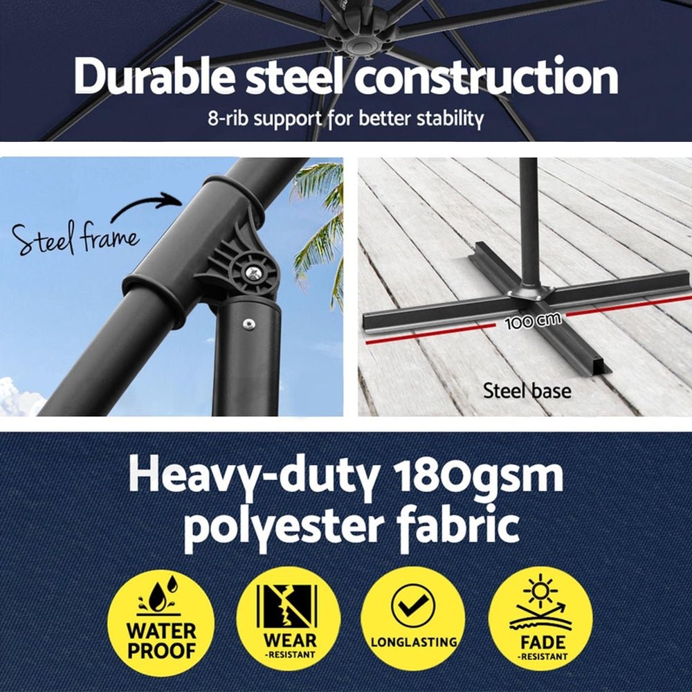 3m Umbrella w/Base Outdoor Cantilever Beach Garden Patio Parasol Navy - Home & Garden > Shading - Bedzy Australia