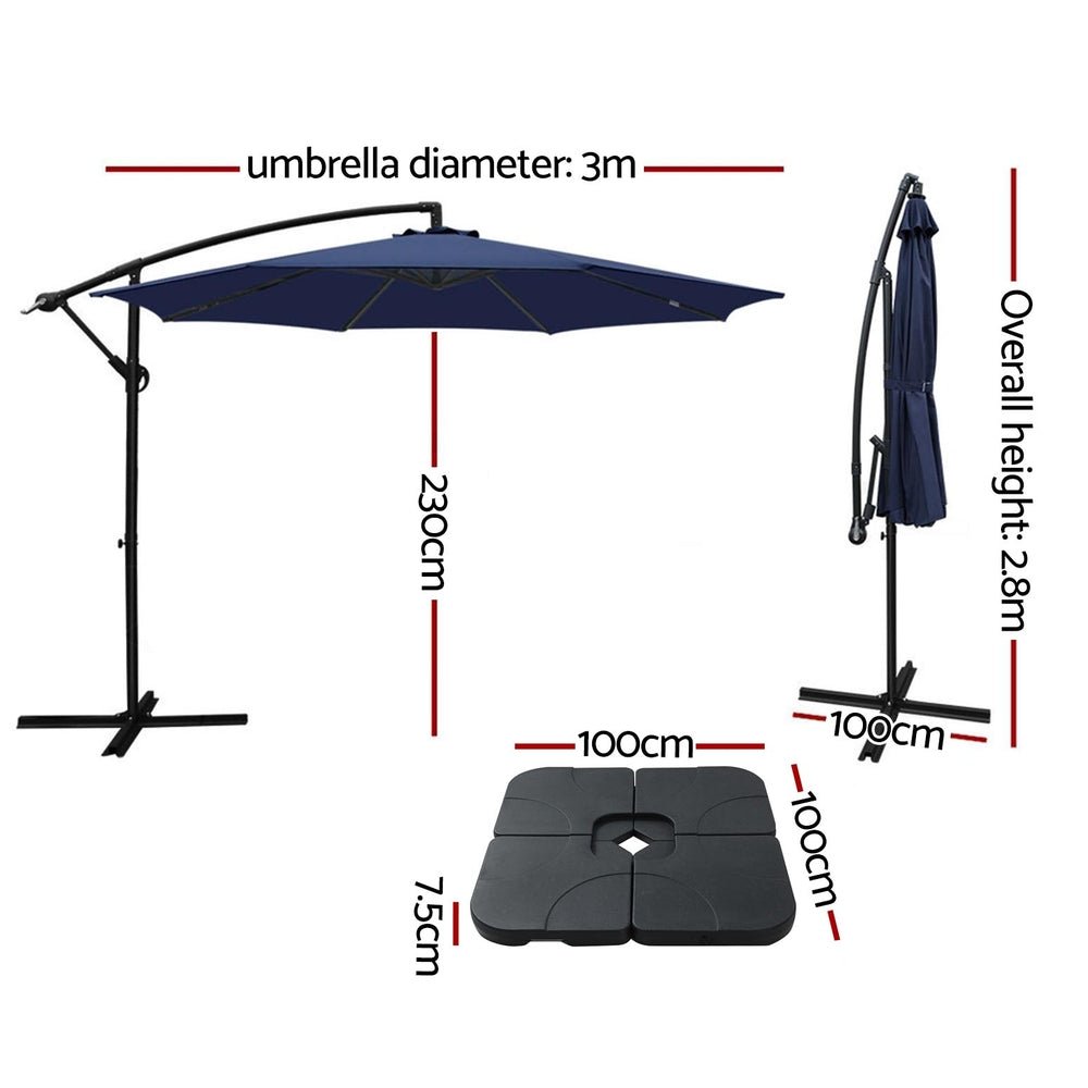 3m Umbrella w/Base Outdoor Cantilever Beach Garden Patio Parasol Navy - Home & Garden > Shading - Bedzy Australia
