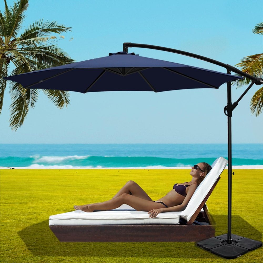 3m Umbrella w/Base Outdoor Cantilever Beach Garden Patio Parasol Navy - Home & Garden > Shading - Bedzy Australia