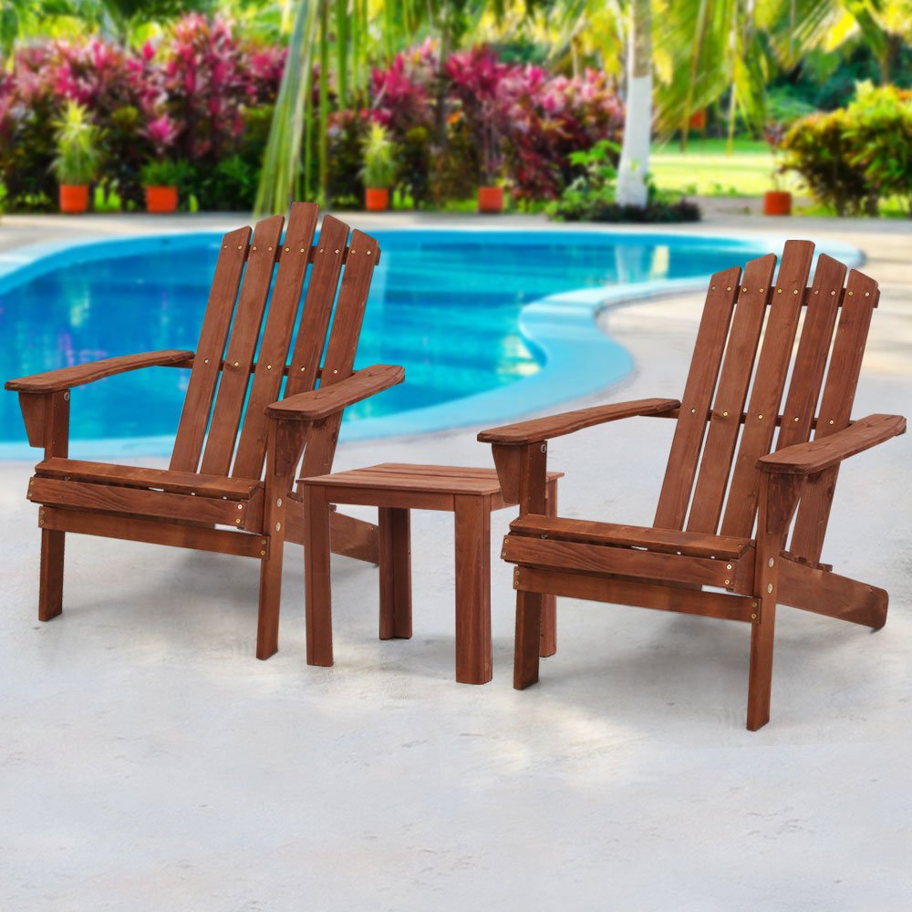 3PC Adirondack Outdoor Table and Chairs Wooden Beach Chair Brown - Furniture > Outdoor - Bedzy Australia