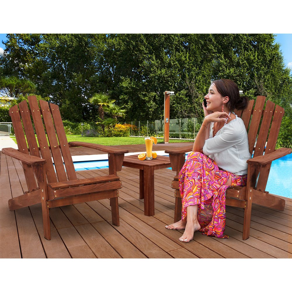 3PC Adirondack Outdoor Table and Chairs Wooden Beach Chair Brown - Furniture > Outdoor - Bedzy Australia