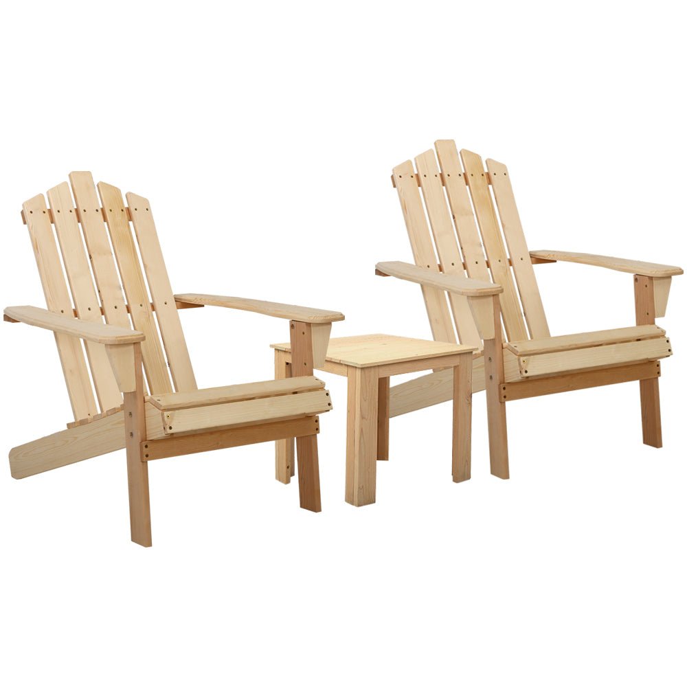 3PC Adirondack Outdoor Table and Chairs Wooden Beach Chair Natural - Furniture > Outdoor - Bedzy Australia