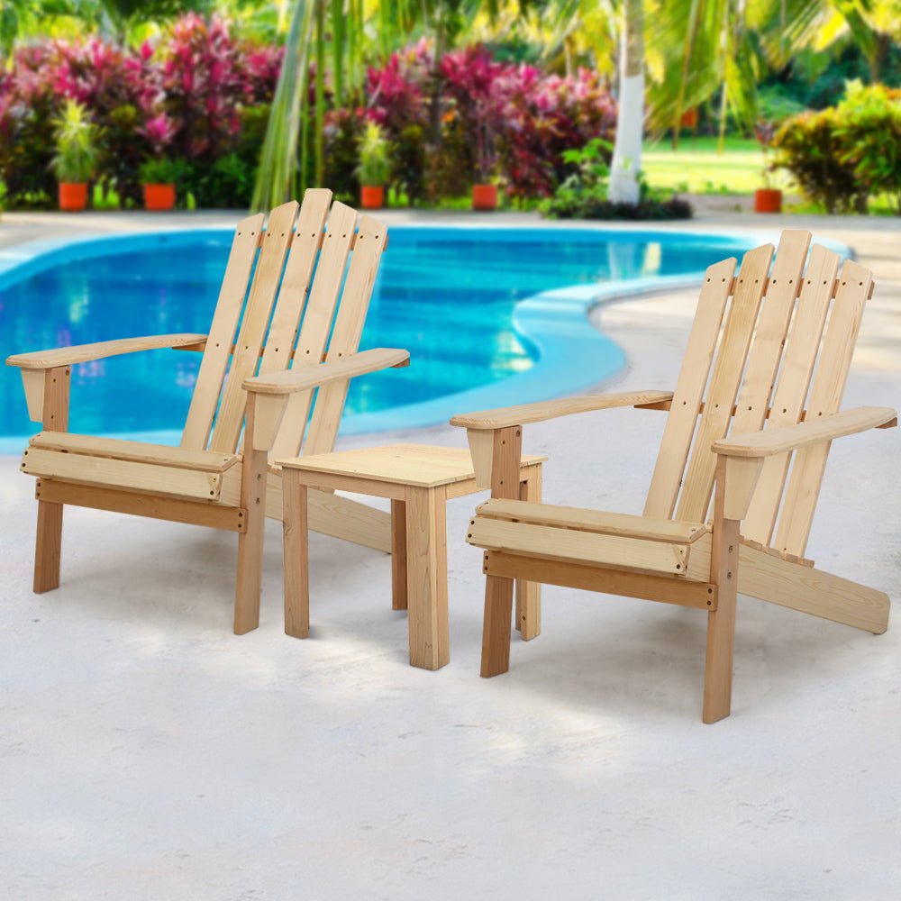 3PC Adirondack Outdoor Table and Chairs Wooden Beach Chair Natural - Furniture > Outdoor - Bedzy Australia