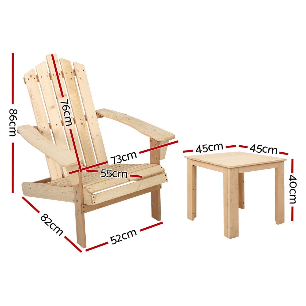 3PC Adirondack Outdoor Table and Chairs Wooden Beach Chair Natural - Furniture > Outdoor - Bedzy Australia