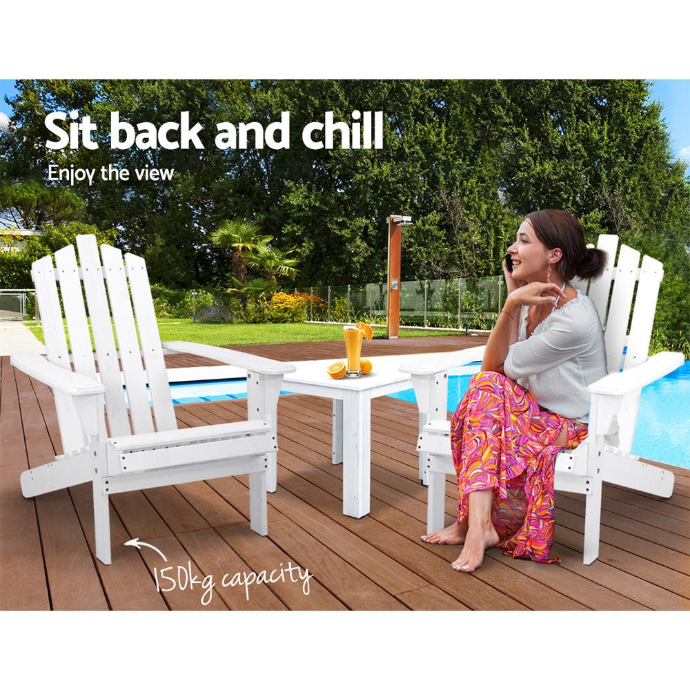 3PC Adirondack Outdoor Table and Chairs Wooden Beach Chair White - Furniture > Outdoor - Bedzy Australia