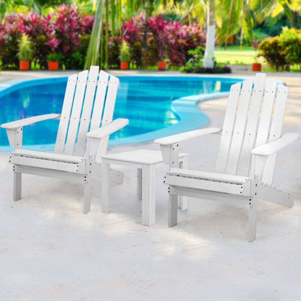3PC Adirondack Outdoor Table and Chairs Wooden Beach Chair White - Furniture > Outdoor - Bedzy Australia