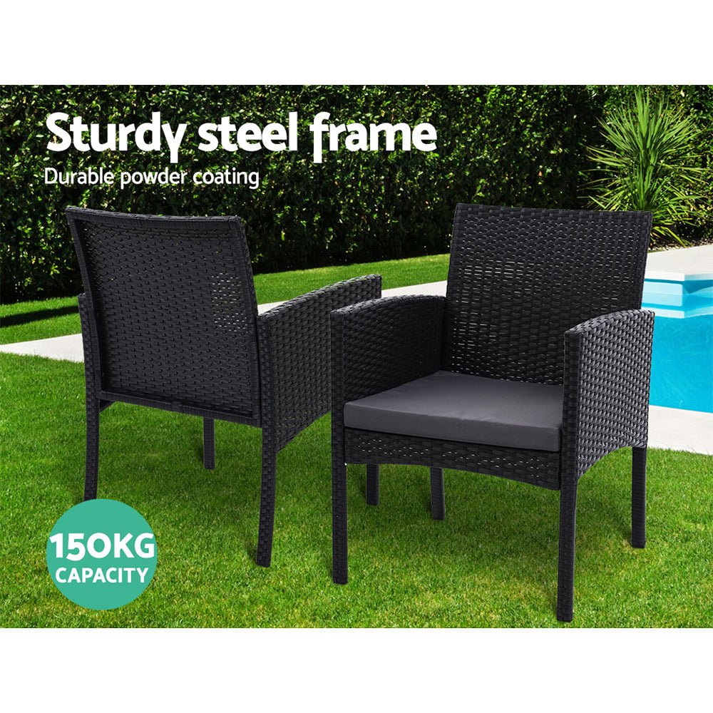 3PC Bistro Set Outdoor Furniture Rattan Table Chairs Cushion Patio Garden Ezra - Furniture > Outdoor - Bedzy Australia