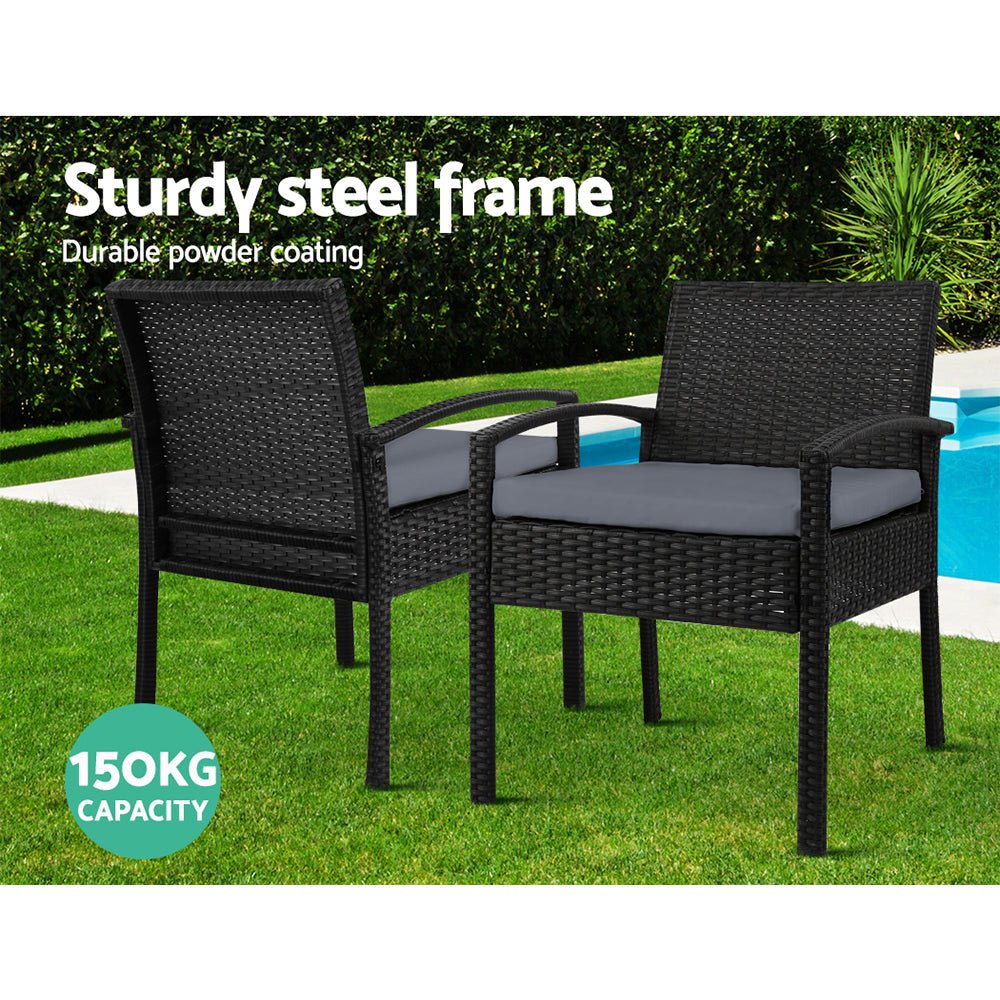 3PC Bistro Set Outdoor Furniture Rattan Table Chairs Cushion Patio Garden Felix - Furniture > Outdoor - Bedzy Australia