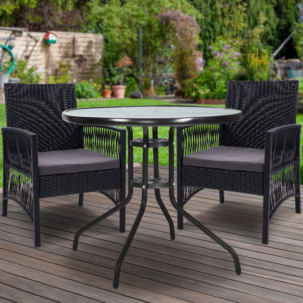 3PC Bistro Set Outdoor Furniture Rattan Table Chairs Cushion Patio Garden Lyra - Furniture > Outdoor - Bedzy Australia