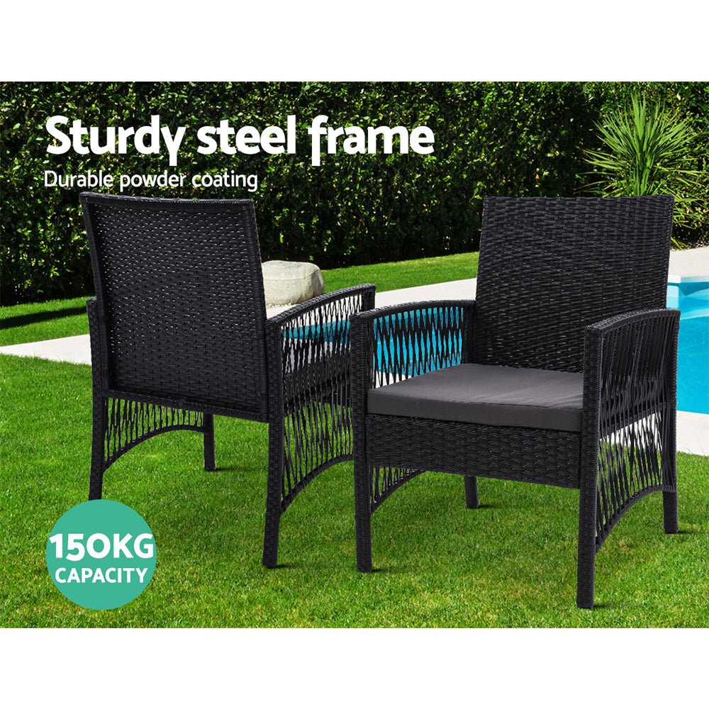 3PC Bistro Set Outdoor Furniture Rattan Table Chairs Cushion Patio Garden Lyra - Furniture > Outdoor - Bedzy Australia