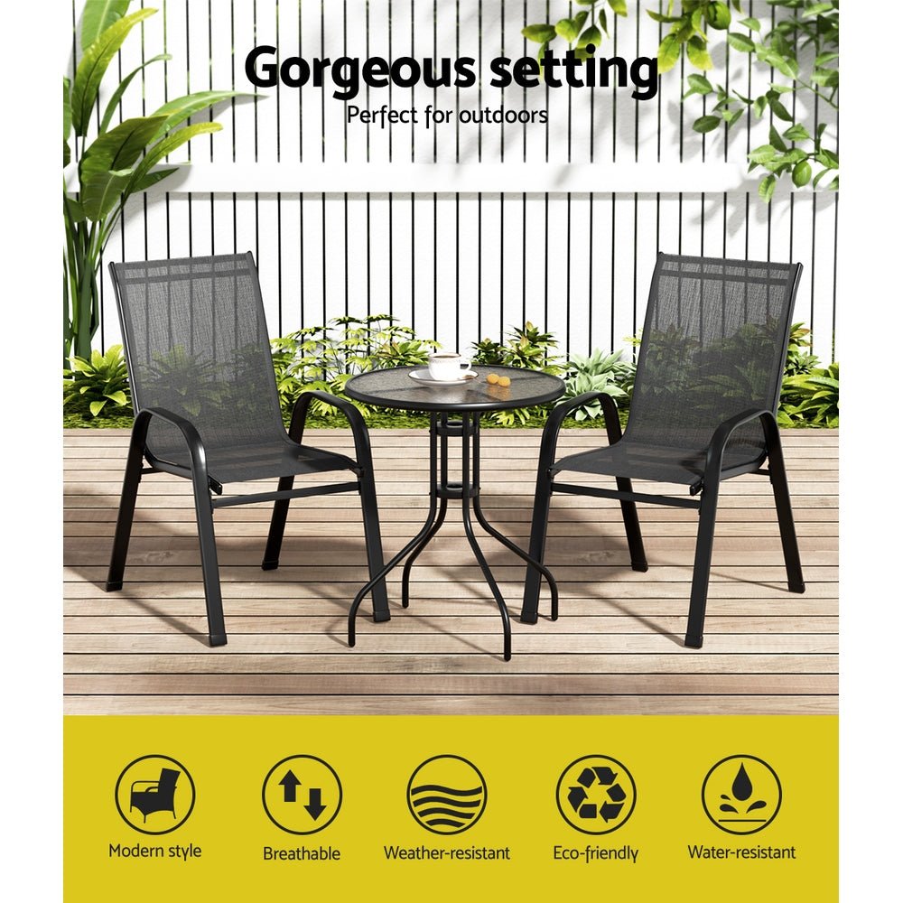 3PC Bistro Set Outdoor Table and Chairs Stackable Outdoor Furniture Black - Furniture > Outdoor - Bedzy Australia