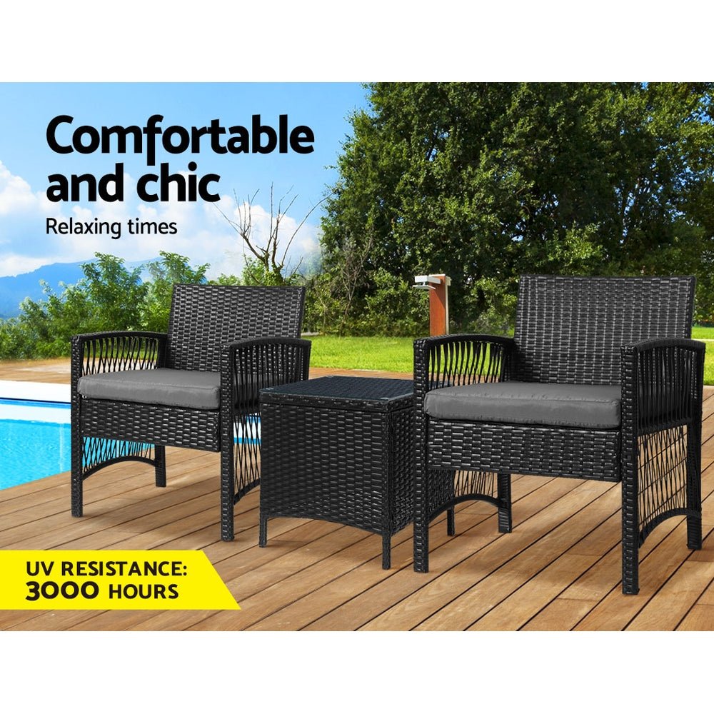 3PC Outdoor Bistro Set Patio Furniture Wicker Dining Chairs Table Cushion Black - Furniture > Outdoor - Bedzy Australia