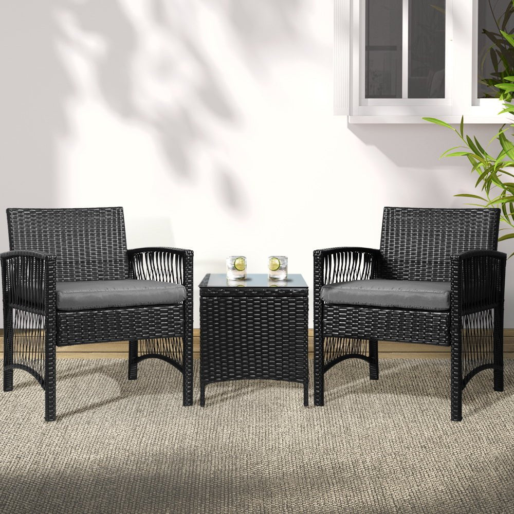3PC Outdoor Bistro Set Patio Furniture Wicker Dining Chairs Table Cushion Black - Furniture > Outdoor - Bedzy Australia