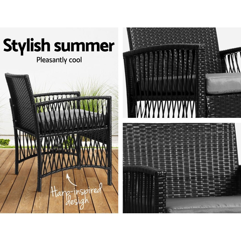 3PC Outdoor Bistro Set Patio Furniture Wicker Dining Chairs Table Cushion Black - Furniture > Outdoor - Bedzy Australia