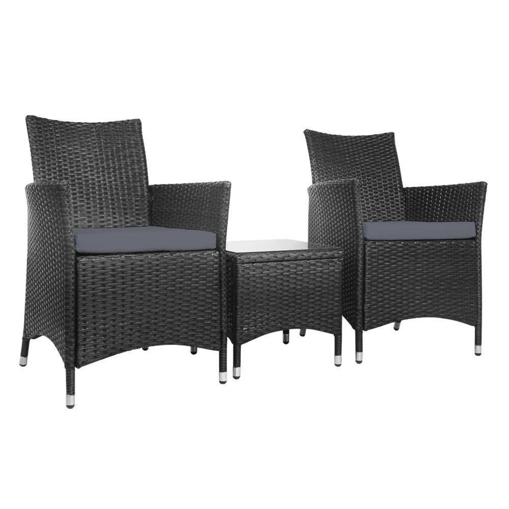 3PC Outdoor Bistro Set Patio Furniture Wicker Setting Chairs Table Cushion Black - Furniture > Outdoor - Bedzy Australia
