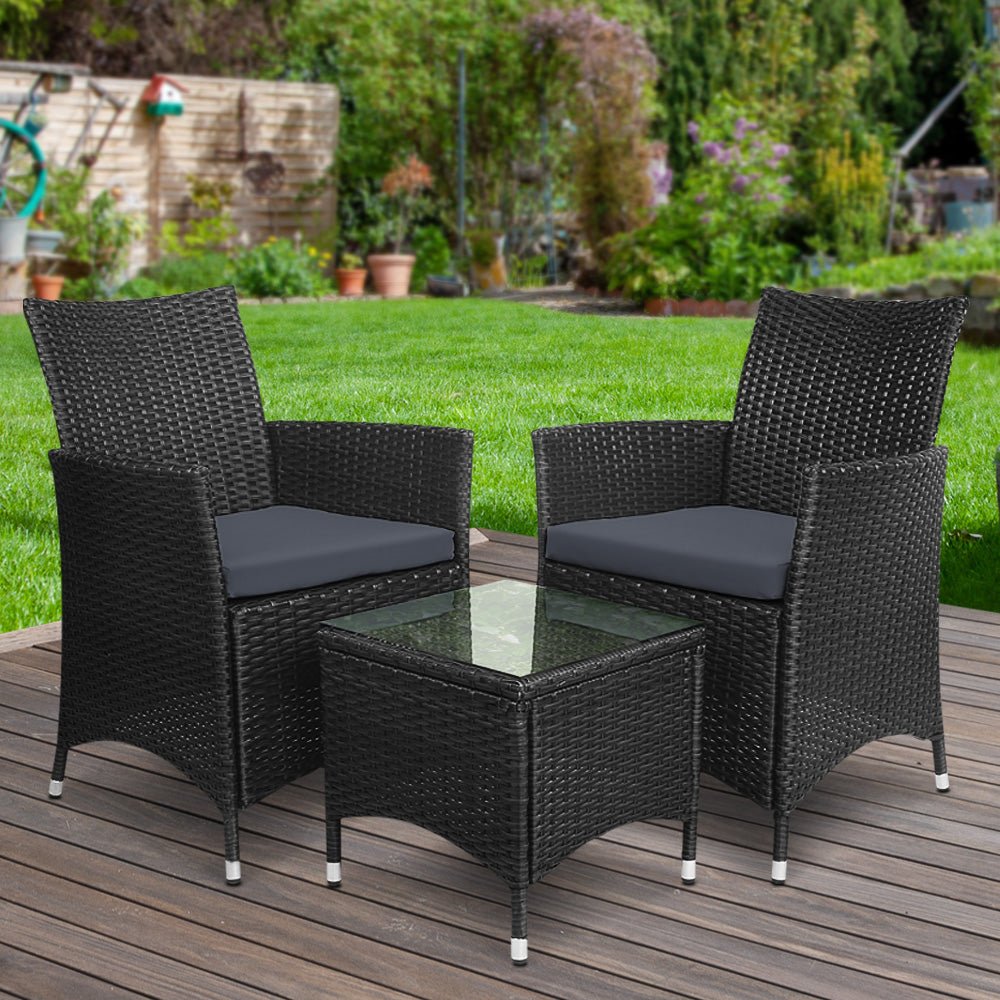 3PC Outdoor Bistro Set Patio Furniture Wicker Setting Chairs Table Cushion Black - Furniture > Outdoor - Bedzy Australia