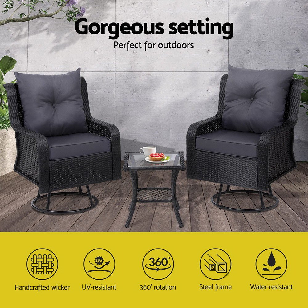 3PC Outdoor Furniture Bistro Set Lounge Wicker Swivel Chairs Table Cushion Brown - Furniture > Outdoor - Bedzy Australia