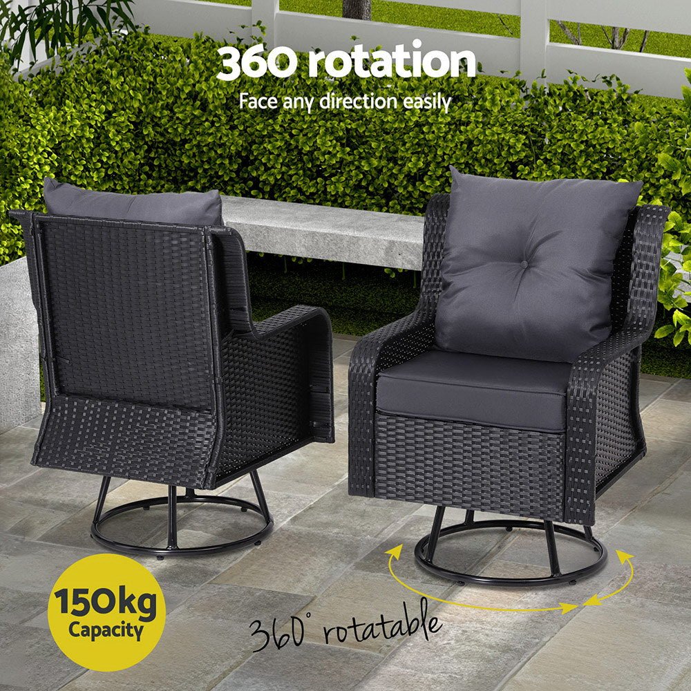3PC Outdoor Furniture Bistro Set Lounge Wicker Swivel Chairs Table Cushion Brown - Furniture > Outdoor - Bedzy Australia