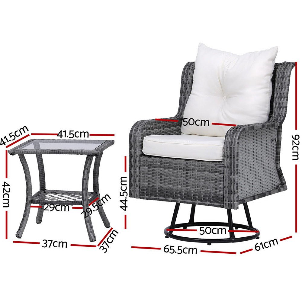 3PC Outdoor Furniture Bistro Set Lounge Wicker Swivel Chairs Table Cushion Grey - Furniture > Outdoor - Bedzy Australia