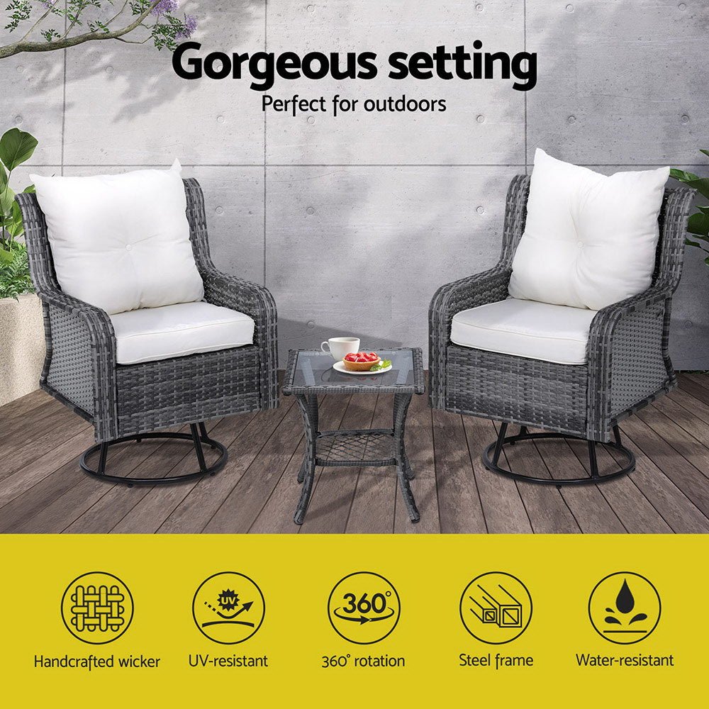 3PC Outdoor Furniture Bistro Set Lounge Wicker Swivel Chairs Table Cushion Grey - Furniture > Outdoor - Bedzy Australia