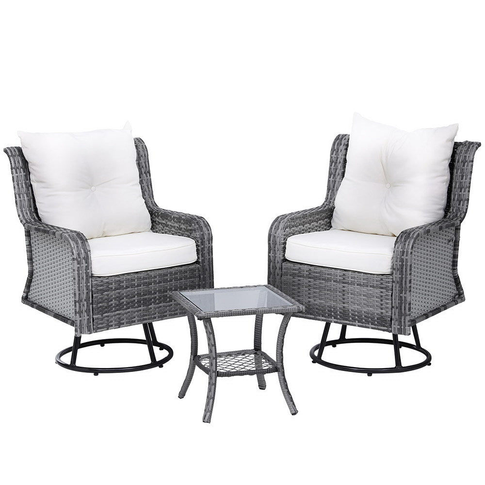 3PC Outdoor Furniture Bistro Set Lounge Wicker Swivel Chairs Table Cushion Grey - Furniture > Outdoor - Bedzy Australia