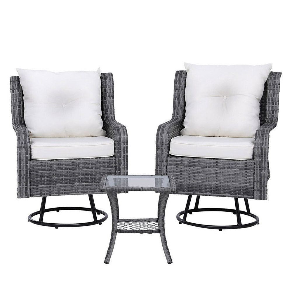 3PC Outdoor Furniture Bistro Set Lounge Wicker Swivel Chairs Table Cushion Grey - Furniture > Outdoor - Bedzy Australia