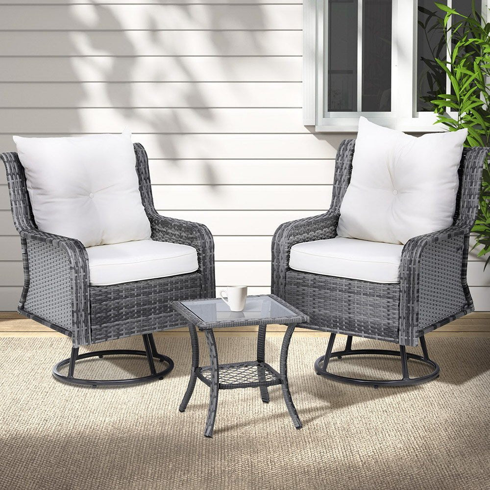 3PC Outdoor Furniture Bistro Set Lounge Wicker Swivel Chairs Table Cushion Grey - Furniture > Outdoor - Bedzy Australia