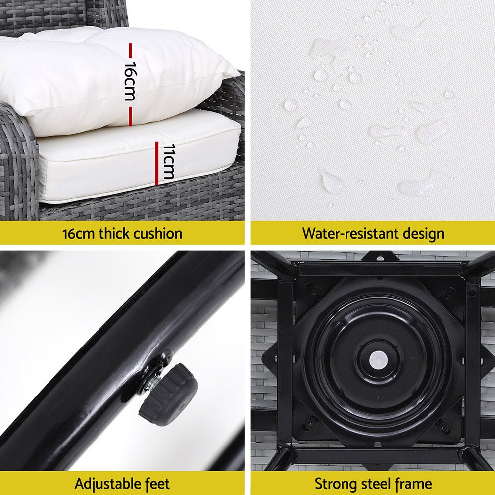 3PC Outdoor Furniture Bistro Set Lounge Wicker Swivel Chairs Table Cushion Grey - Furniture > Outdoor - Bedzy Australia