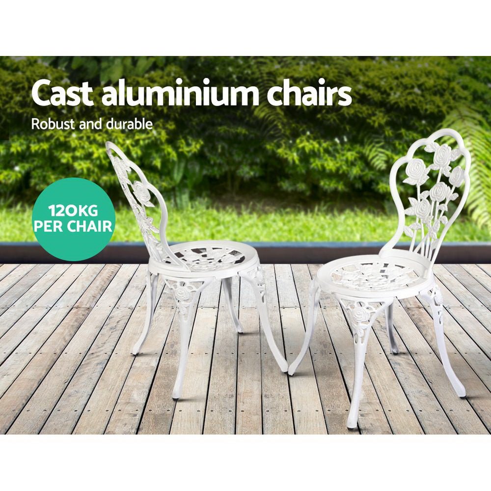 3PC Outdoor Setting Bistro Set Chairs Table Cast Aluminum Patio Furniture Rose White - Furniture > Outdoor - Bedzy Australia