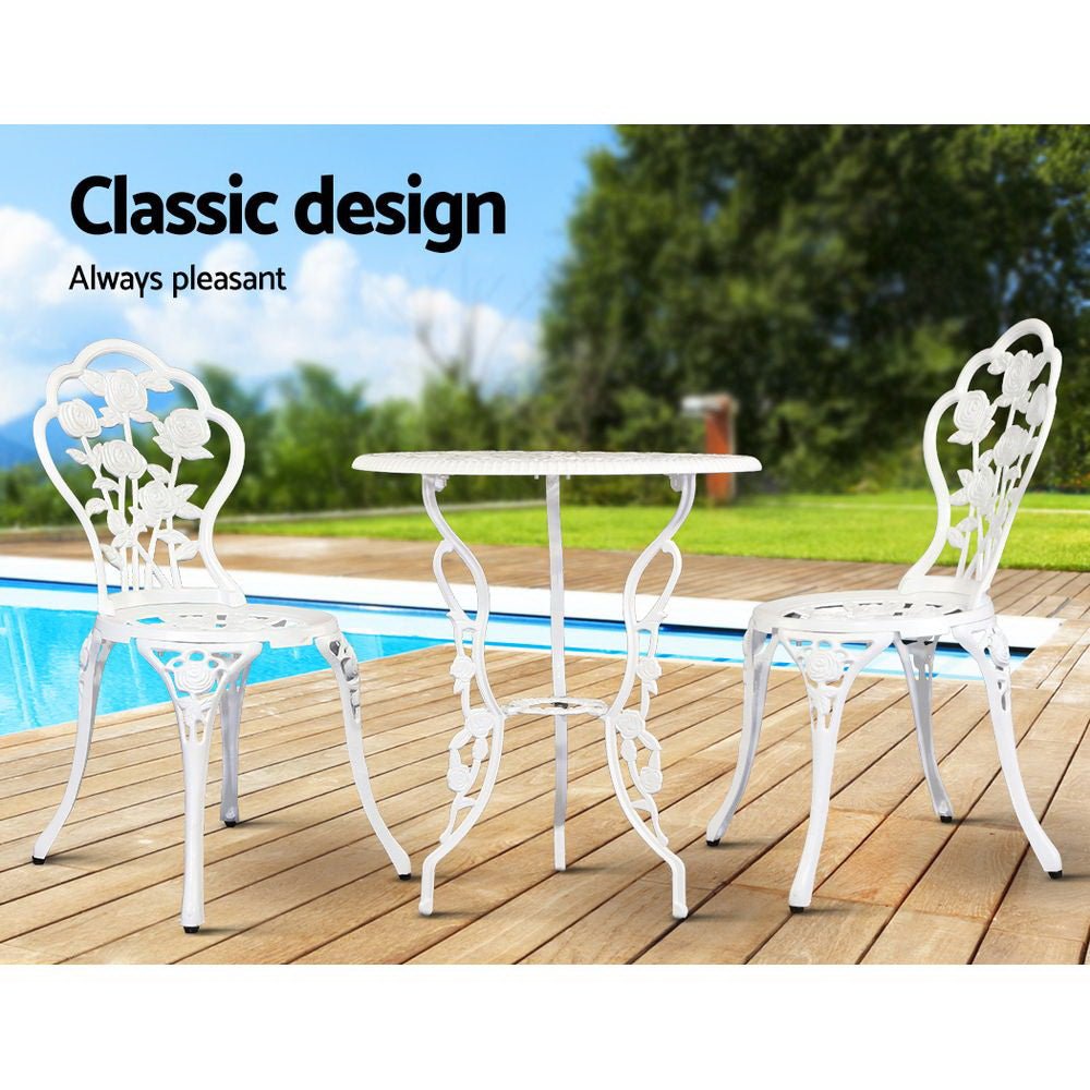 3PC Outdoor Setting Bistro Set Chairs Table Cast Aluminum Patio Furniture Rose White - Furniture > Outdoor - Bedzy Australia