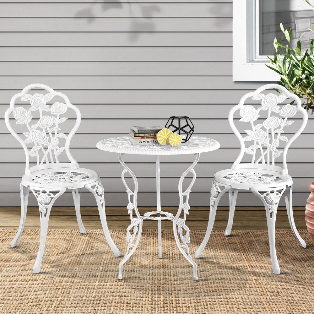 3PC Outdoor Setting Bistro Set Chairs Table Cast Aluminum Patio Furniture Rose White - Furniture > Outdoor - Bedzy Australia