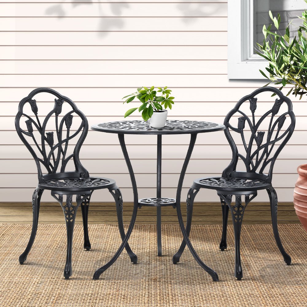 3PC Outdoor Setting Bistro Set Chairs Table Cast Aluminum Patio Furniture Tulip Black - Furniture > Outdoor - Bedzy Australia