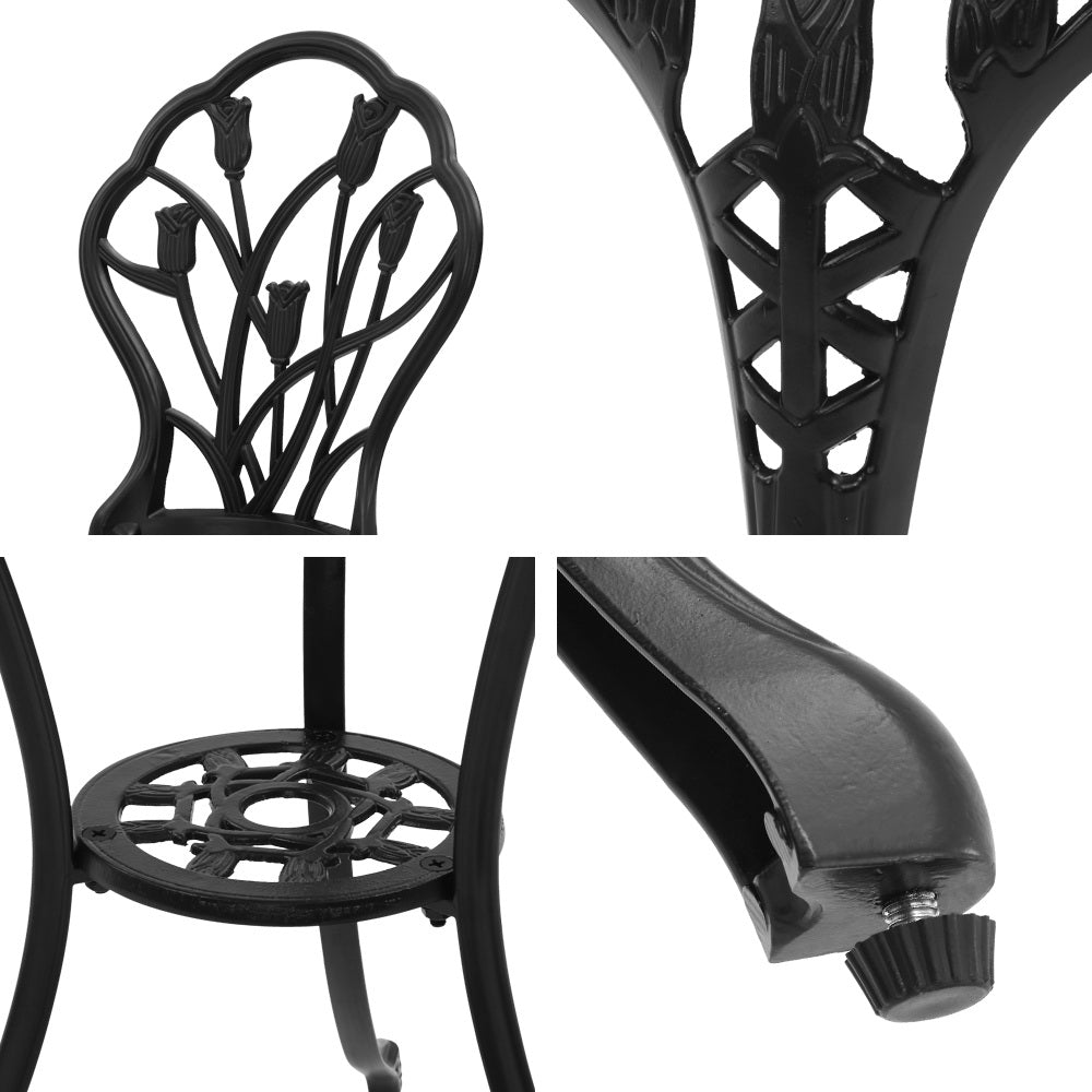 3PC Outdoor Setting Bistro Set Chairs Table Cast Aluminum Patio Furniture Tulip Black - Furniture > Outdoor - Bedzy Australia