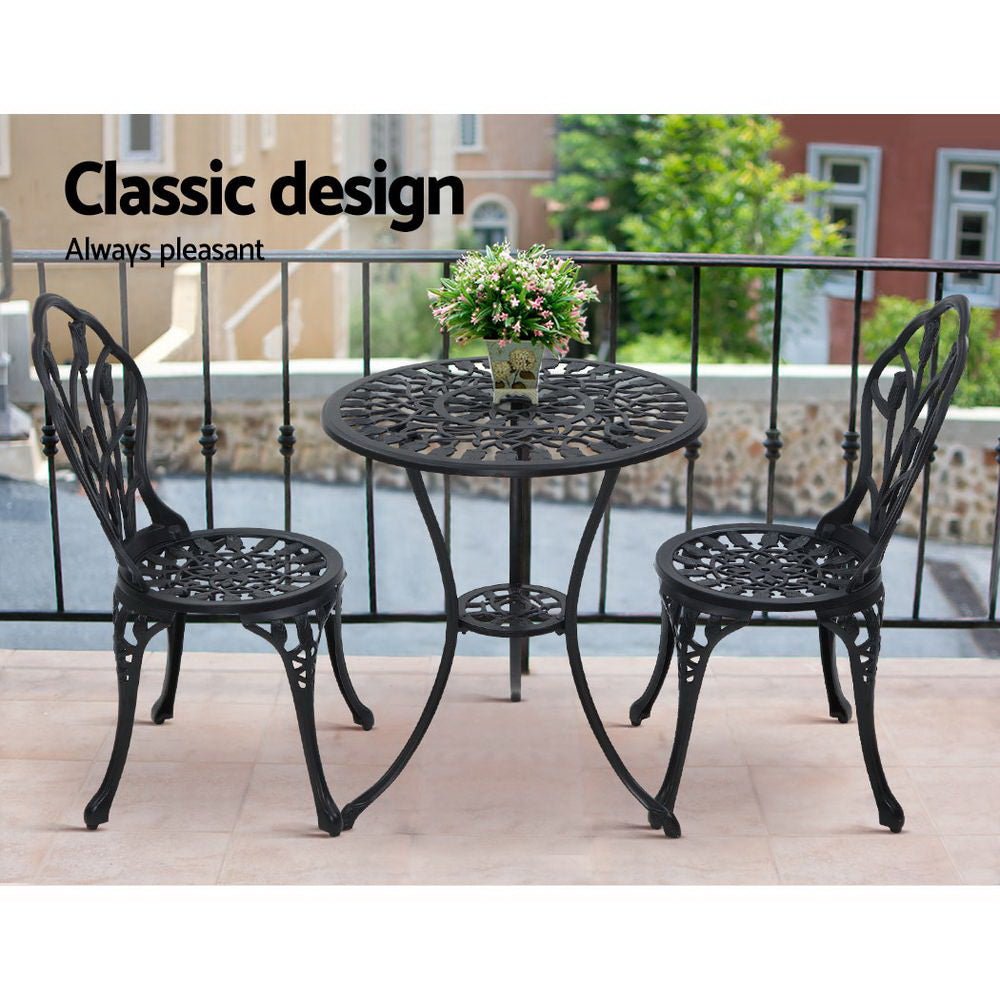 3PC Outdoor Setting Bistro Set Chairs Table Cast Aluminum Patio Furniture Tulip Black - Furniture > Outdoor - Bedzy Australia